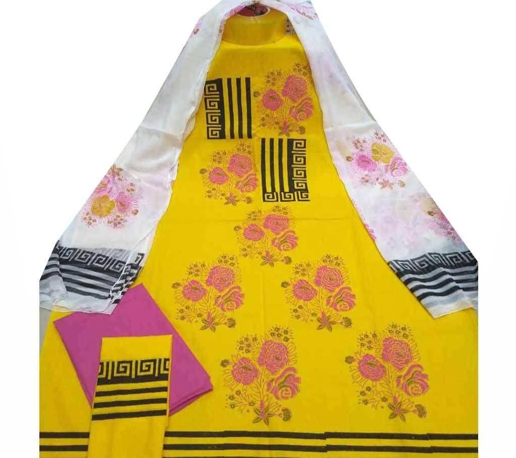 ব্লক প্রিন্টেড আনস্টিচড কটন থ্রি পিস - Yellow 