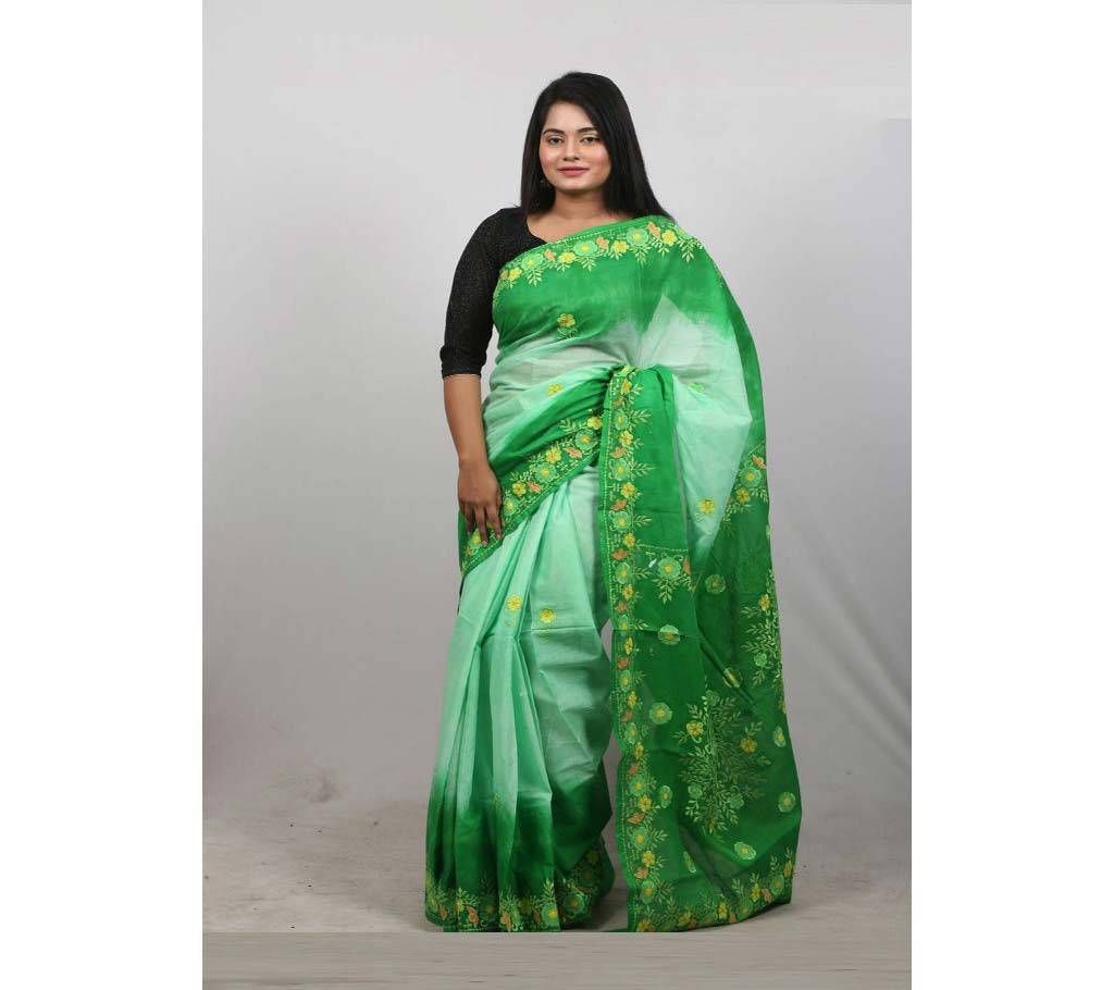 Hand Embroidery Saree - Limegreen & Palegreen