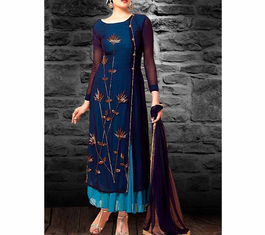 Blue & Arctic color long embroidery 3 piece kurti