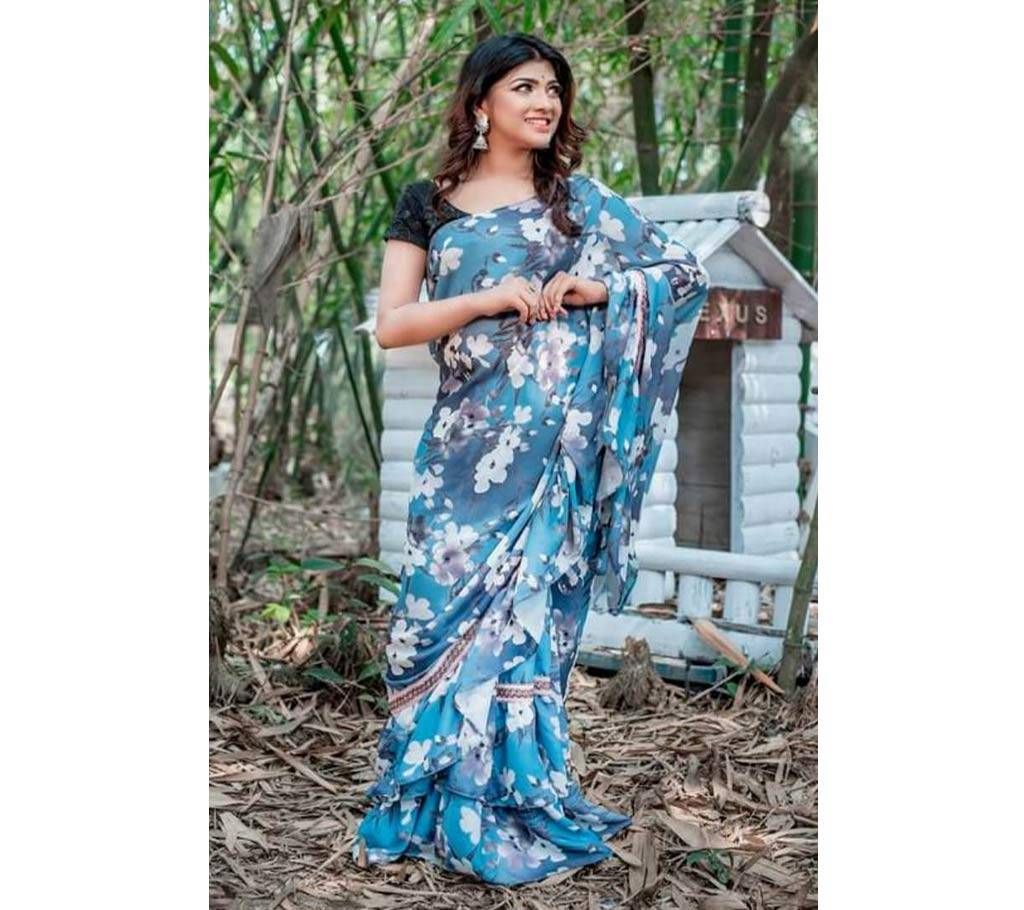 Aqua & White Georgette Ruffle Saree