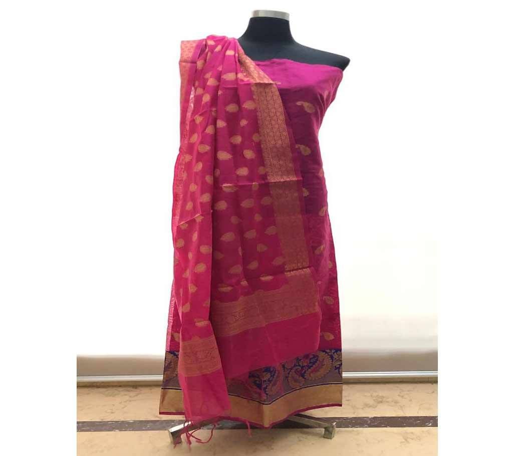 Unstitched Indian Benaroshi Katan 2 PC - Ruby Pink With Kolki Design