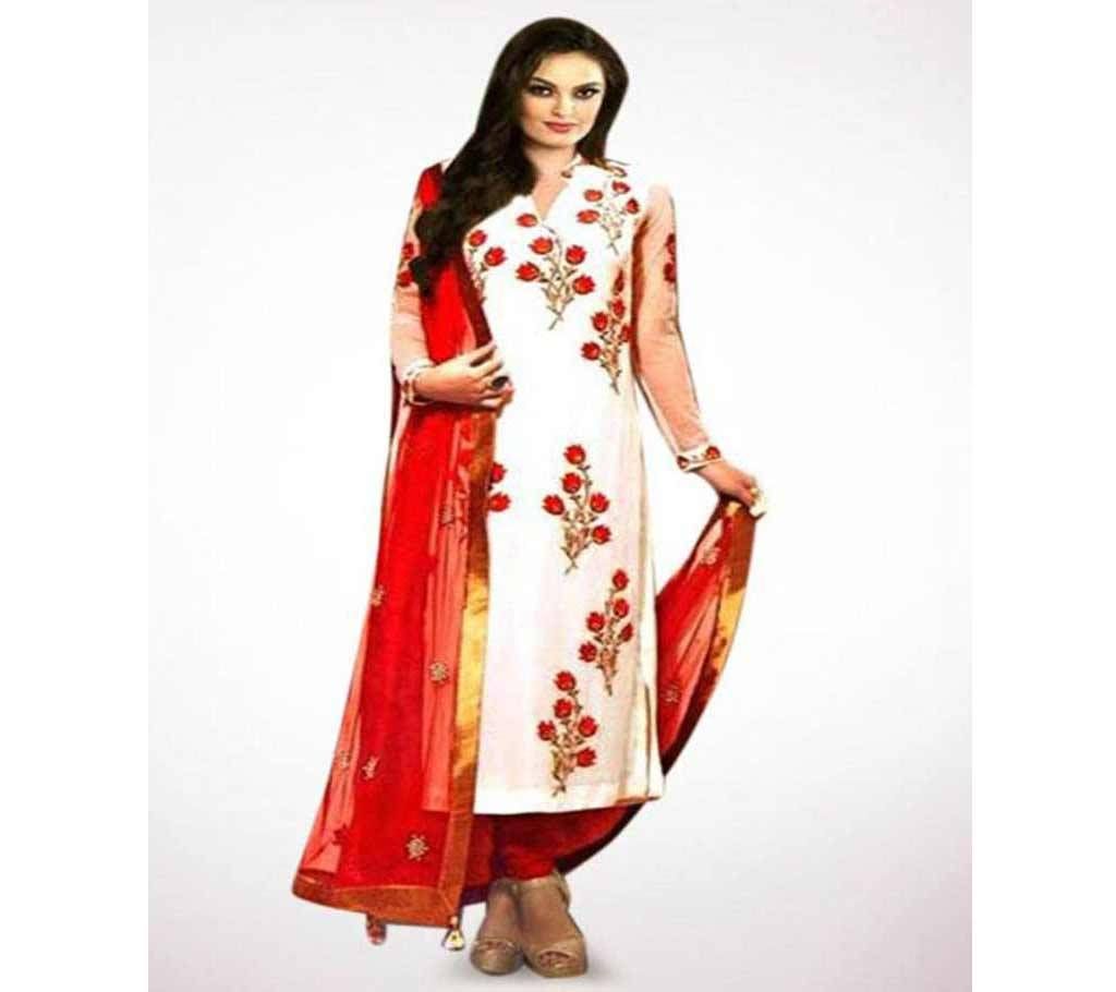 Unstitched White and Red Cotton Salwar Kameez For Women