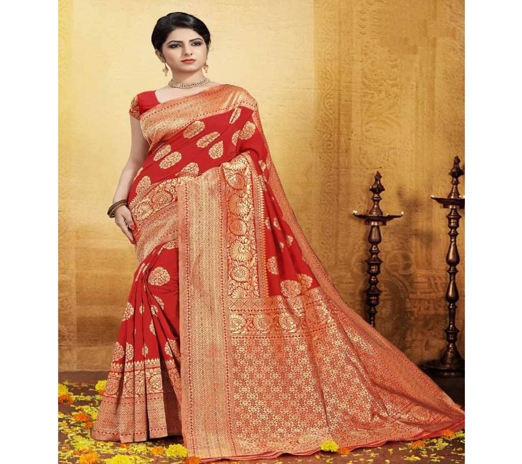 Red and Golden Embroidery Work Katan Saree For Women