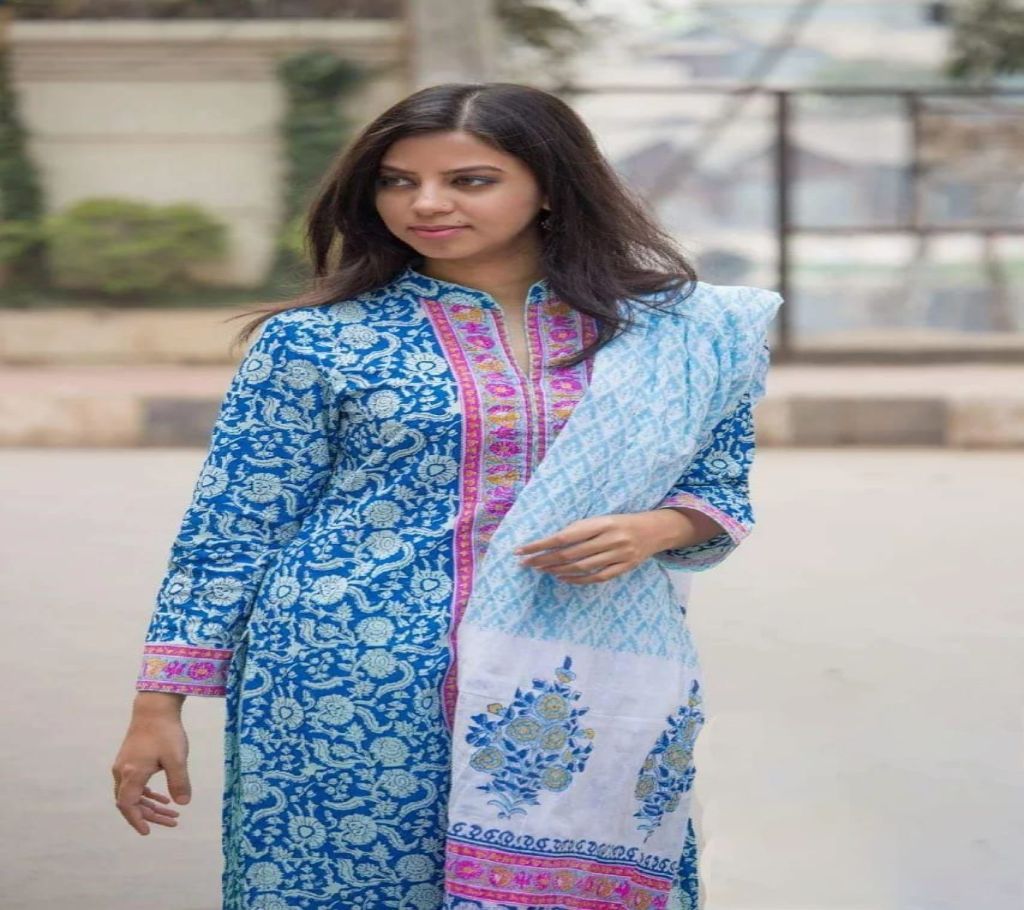 Blue with Flower Design Unstitched Cotton Block Print 3 Piece - 8 - SLF