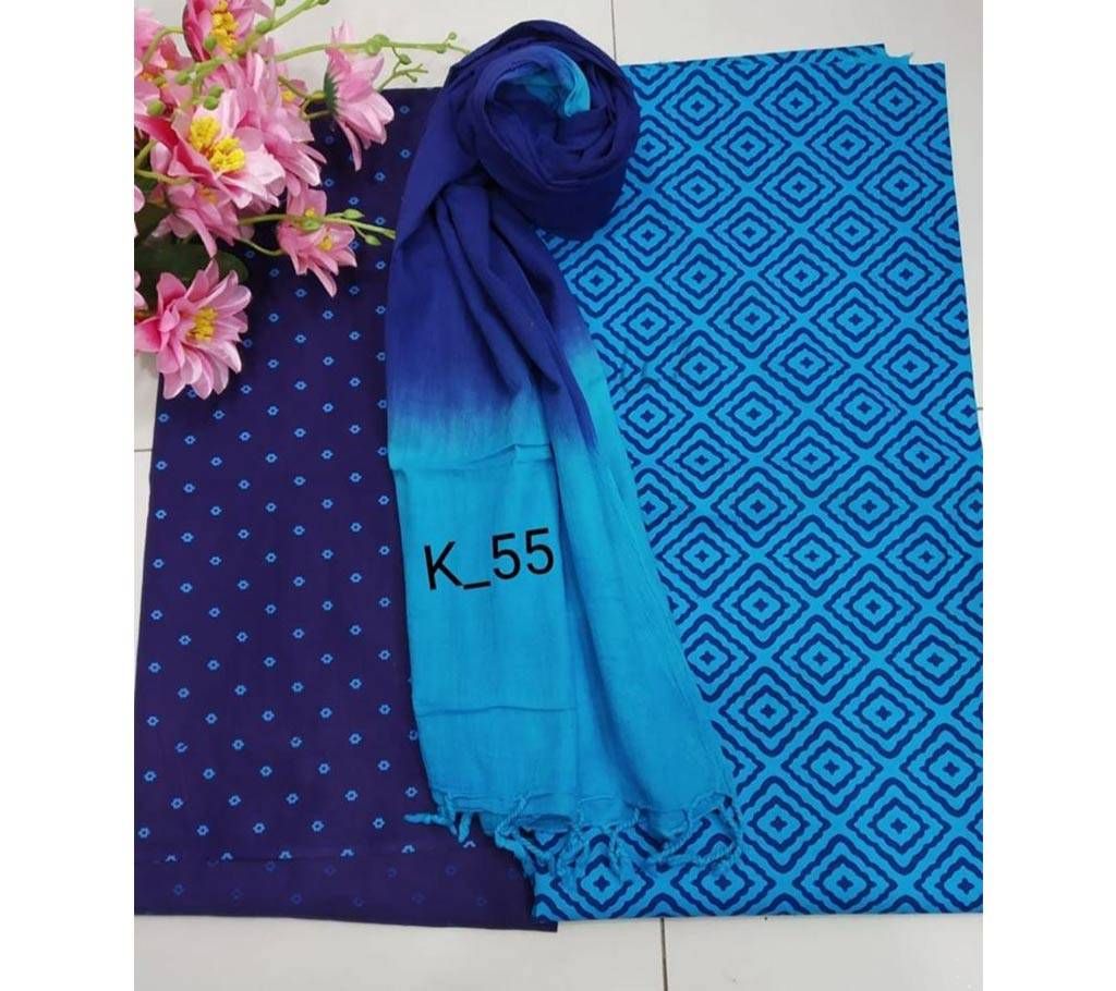 Unstitched Cotton 3 Piece for Women-Blue