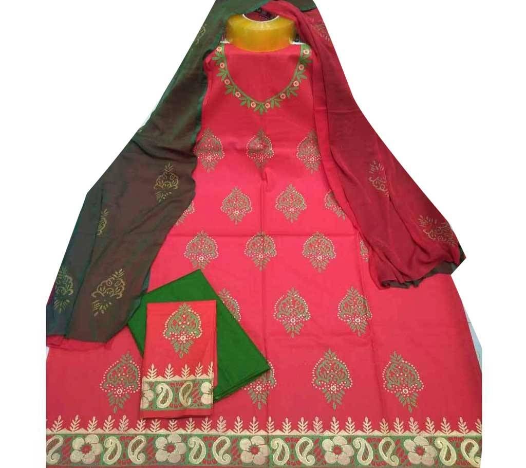 ব্লক প্রিন্টেড আনস্টিচড কটন থ্রি পিস - Red 
