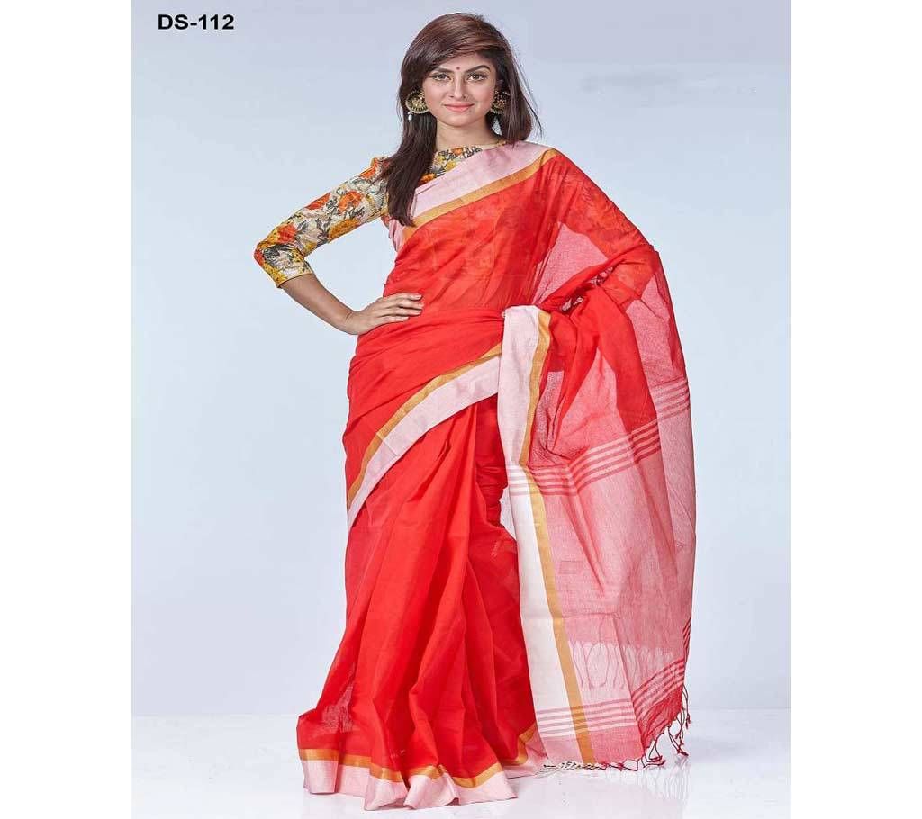 Red Taant Cotton Saree With Blouse Piece 