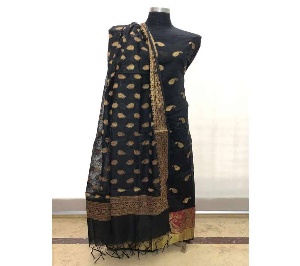 Unstitched Indian Benaroshi Katan 2 PC - Black With Kolki Design