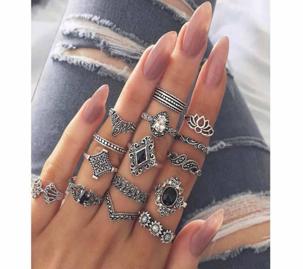 15 Pcs/set Crystal Flower Leaves Silver Ring