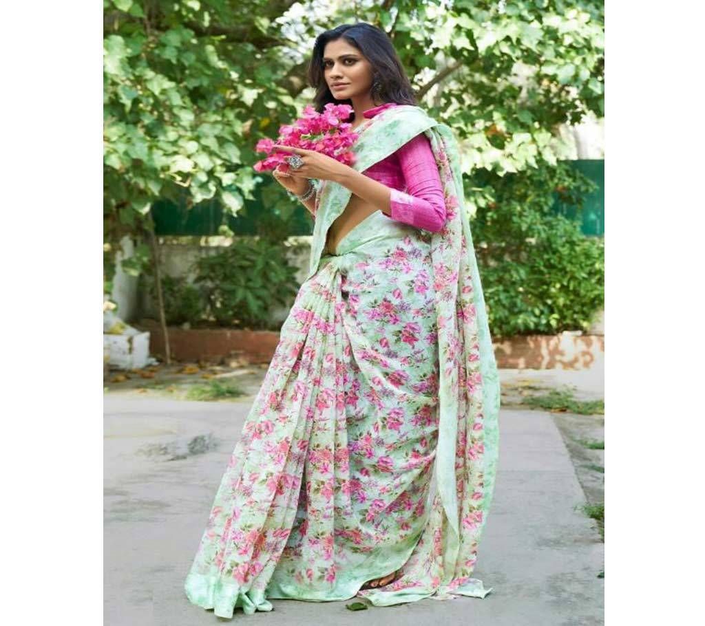 Beautiful Linen Silk Saree 1001 Light Green Ash Flower Design