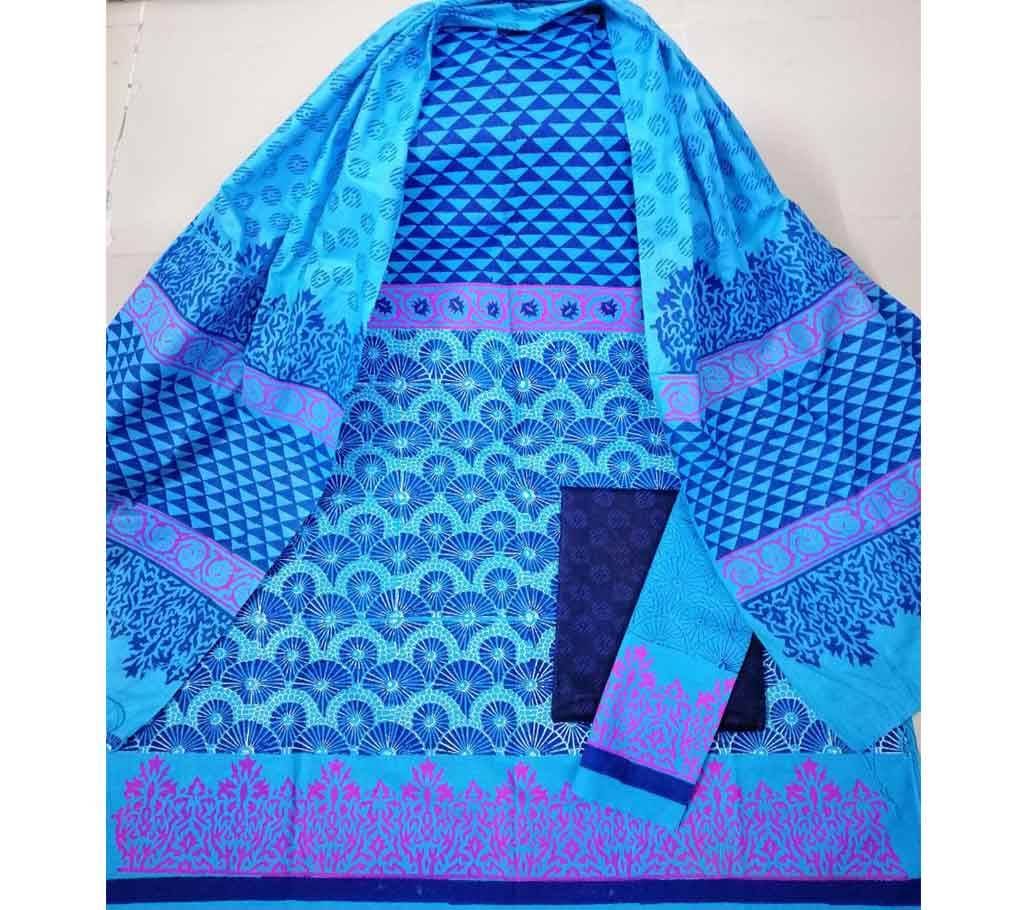 Unstitched Deshi Cotton 3Pcs with Cotton Orna - 07 - Blue with Multi Design in Body