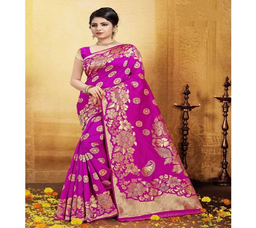 Purple and Golden Embroidery Work Katan Saree For Women