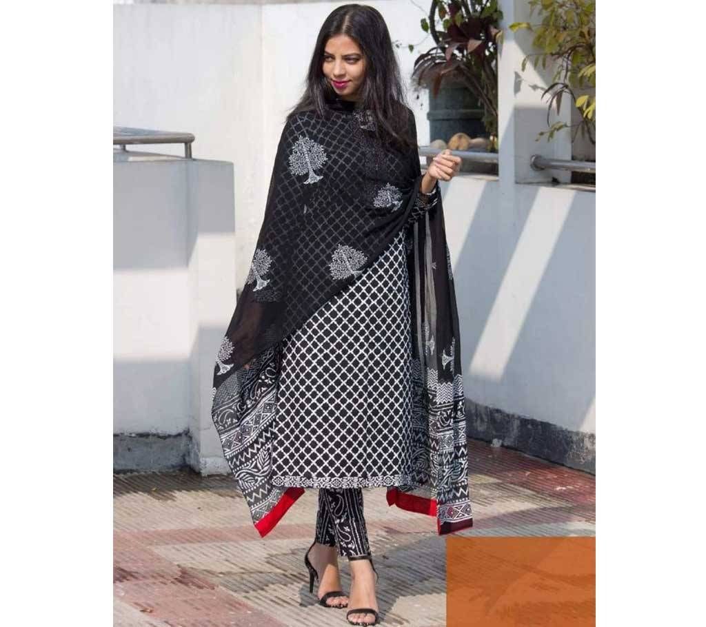 Black with Multi Design Unstitched Cotton Block Print 3 Piece - 12 - SLF