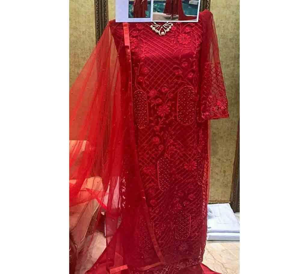 Unstitched Net Fabric Charizma Red Queen 3 Piece
