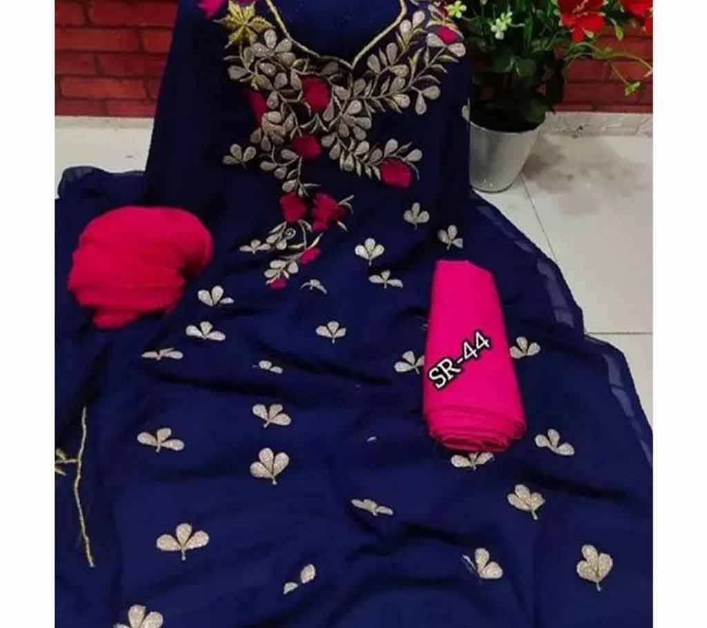 Unstitched Georgette Embroidery 3Pcs-Blue