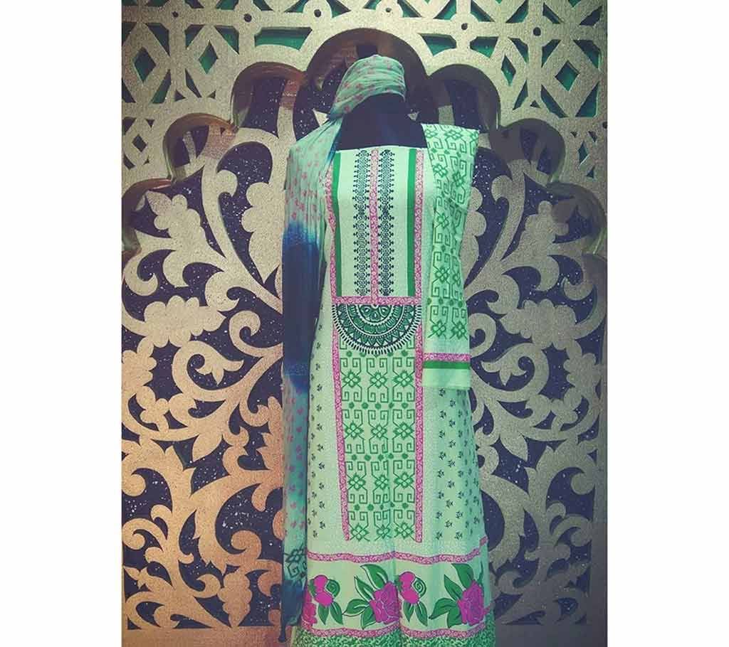 Unstitched block printed china linen three piece 