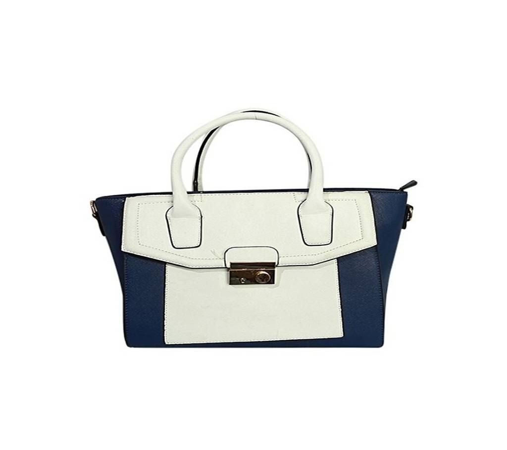 WHITE AND BLUE SYNTHETIC LEATHER HAND BAG FOR WOMEN