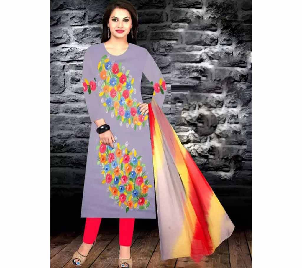 Unstitched Gray Cotton Printed Shalwar Kameez For Women