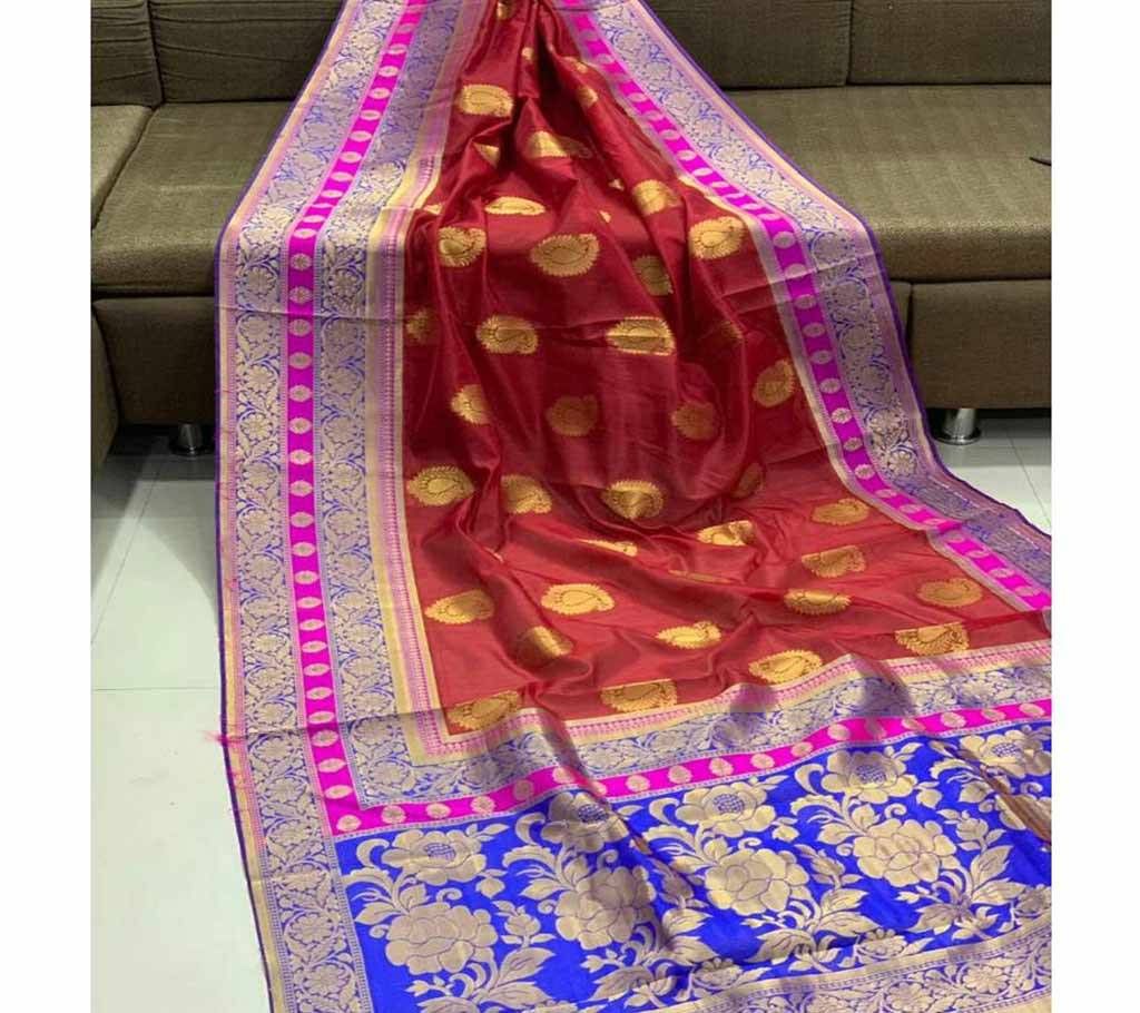 Banarasi Crystal Handloom Weaving Silk Saree – Red Color Saree – Blue and Pink Par – Blue Anchal