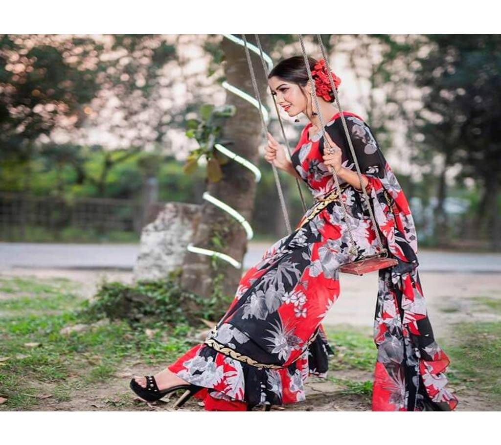 Red & Black Georgette Ruffle Saree