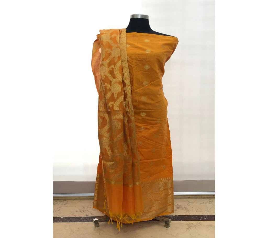 Unstitched Indian Benaroshi Katan 2 PC - Yellow With Leaf Design