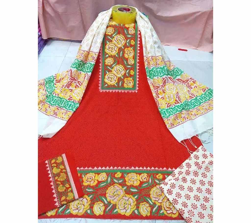 un stitched block printed cotton three piece 