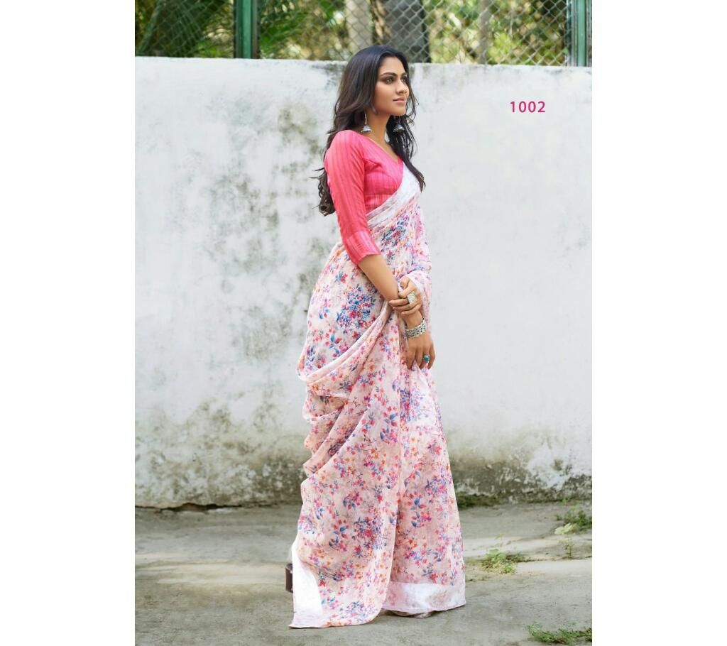 Beautiful Linen Silk Saree 1002 Cream with Flower Design
