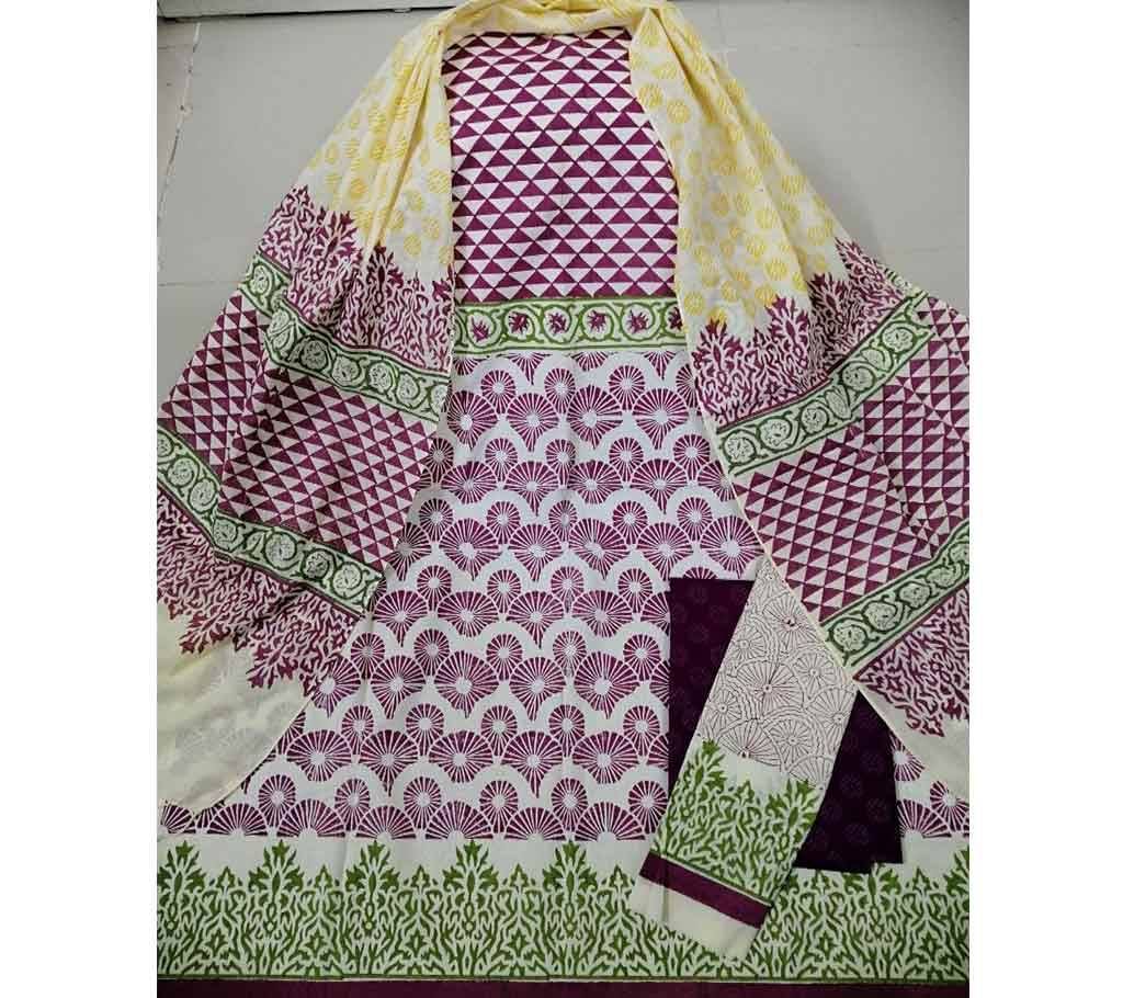 Unstitched Deshi Cotton 3Pcs with Cotton Orna - 02 - Off White with Violet and Green Multi Design in Body