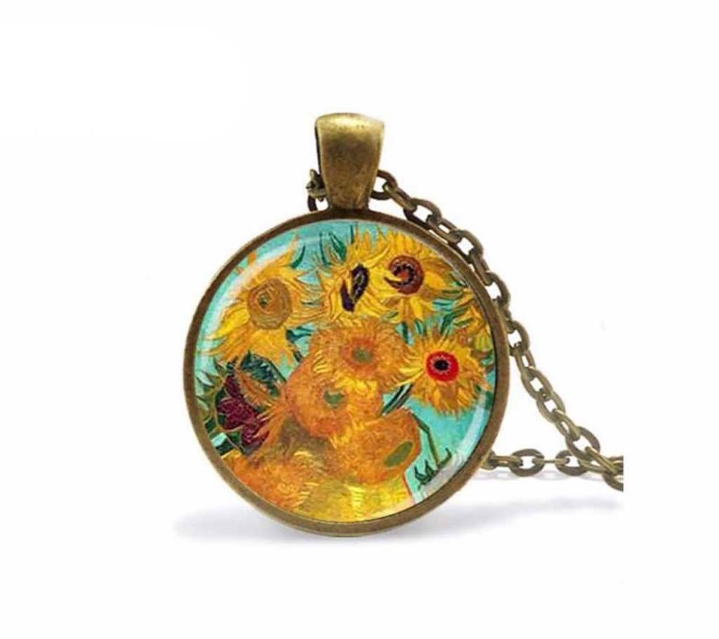 New Vintage Sunflower Painting Glass Necklace