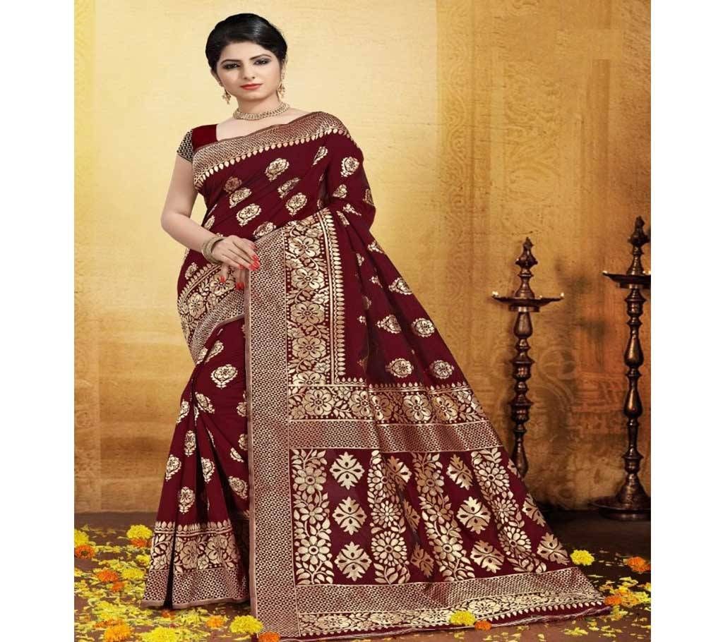 Maroon and Golden Embroidery Work Katan Saree For Women