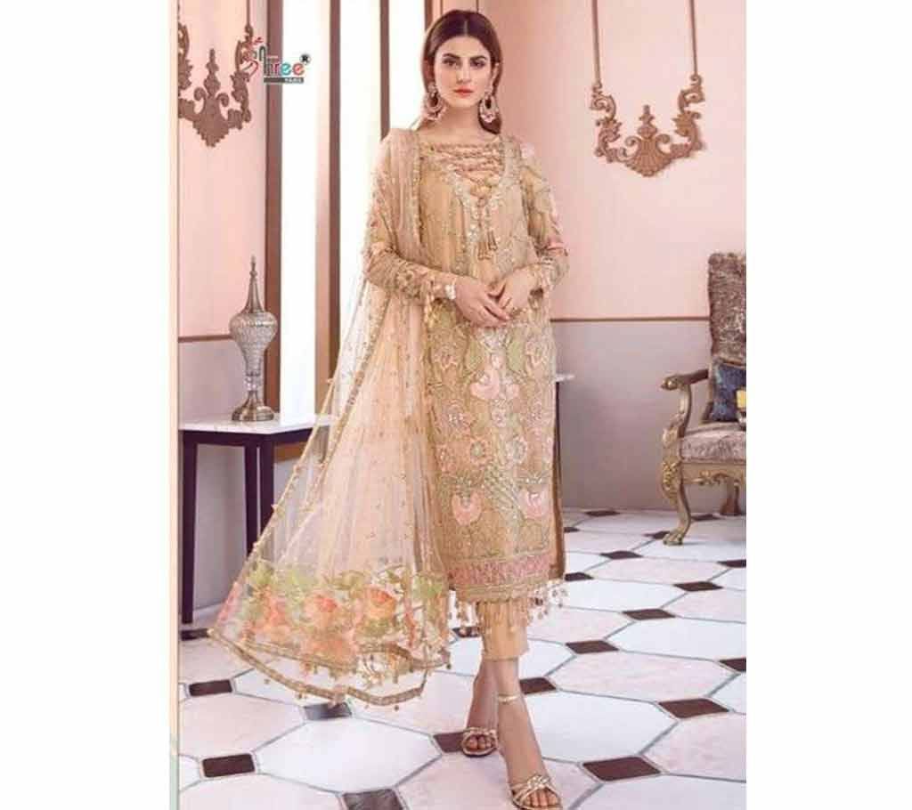 Unstitched Heavy embroidery net fabric three piece for women 
