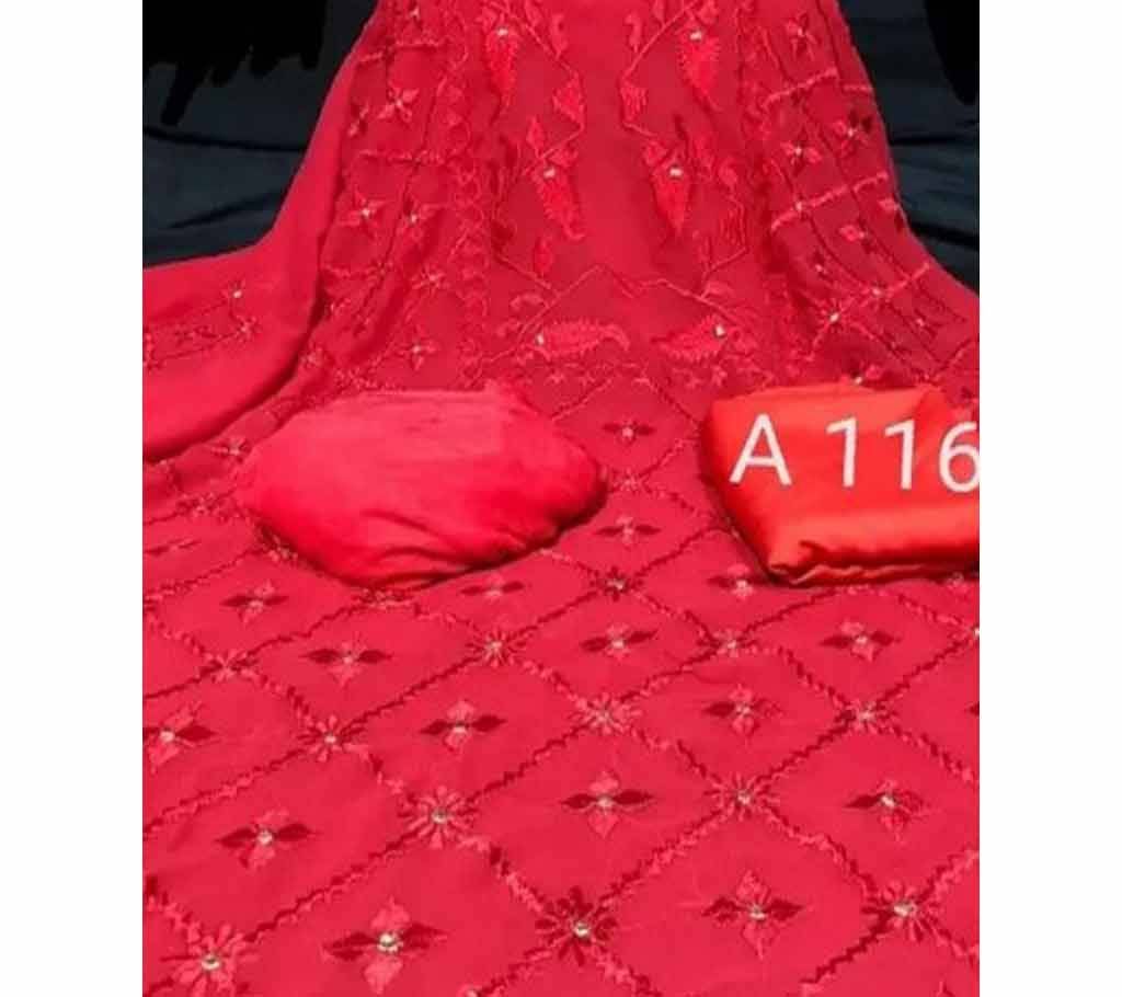 Unstitched Georgette Embroidery 3Pcs-Red