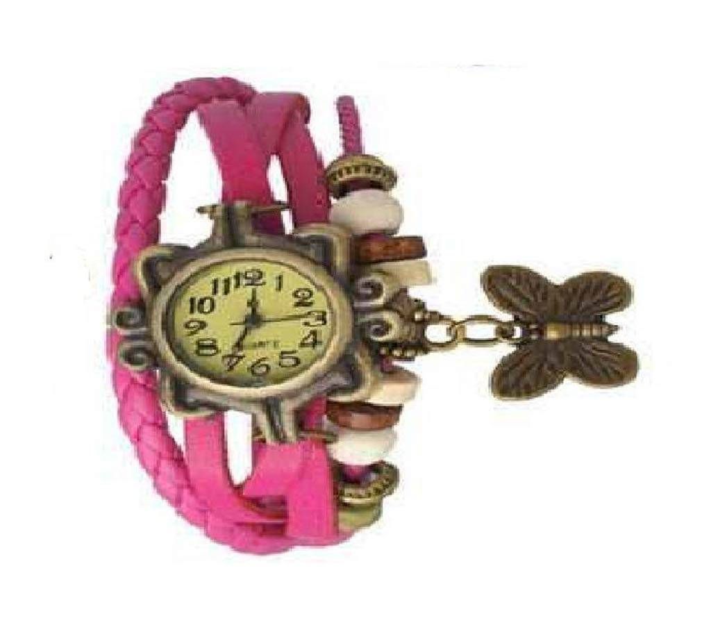 Leather Butterfly Watch for Women- Hot Pink