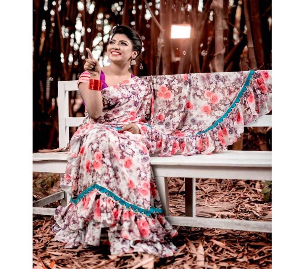 White & Pink Georgette Ruffle Saree