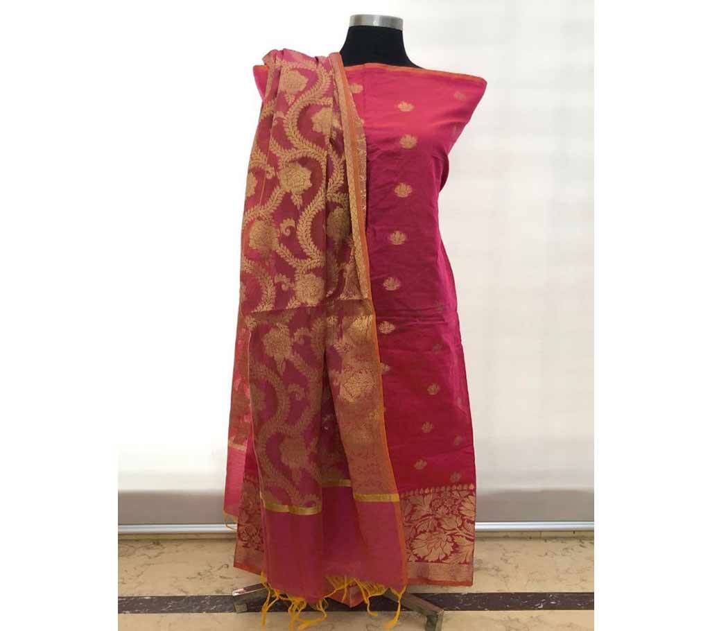 Unstitched Indian Benaroshi Katan 2 PC - Red With Leaf Design