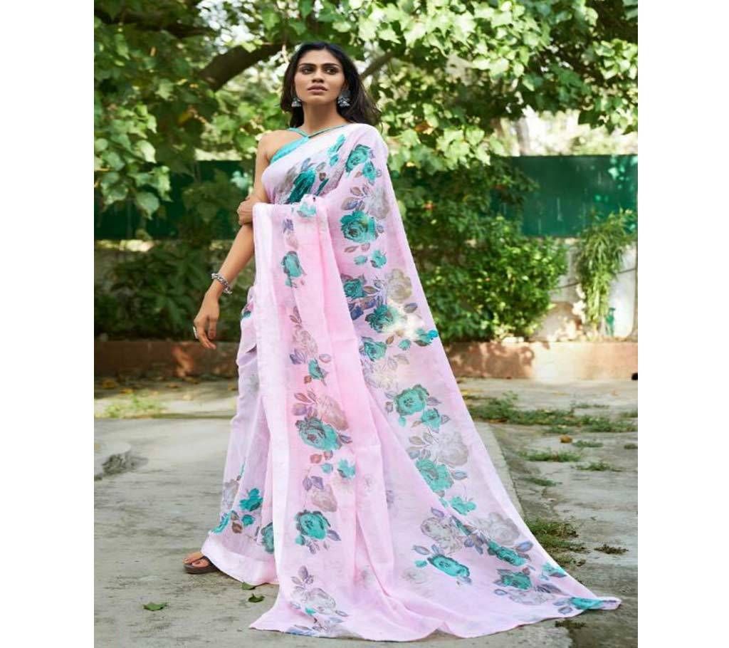 Beautiful Linen Silk Saree 1001 Rose pink with Rose Design