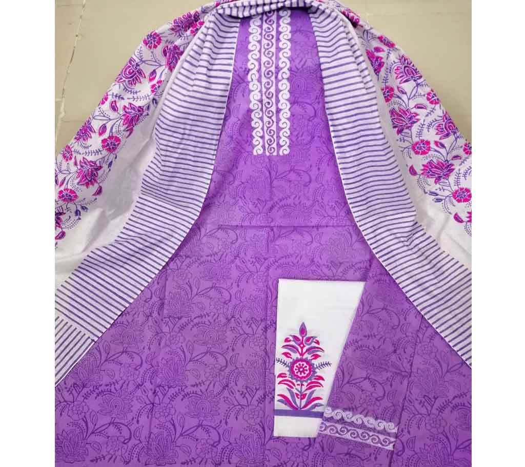 Unstitched Deshi Cotton 3Pcs with Cotton Orna - 15 - Purple with White Design in Chest