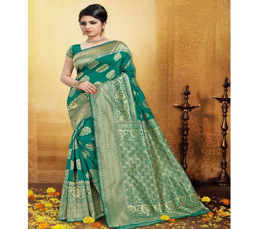 Spring green and Golden Embroidery Work Katan Saree For Women