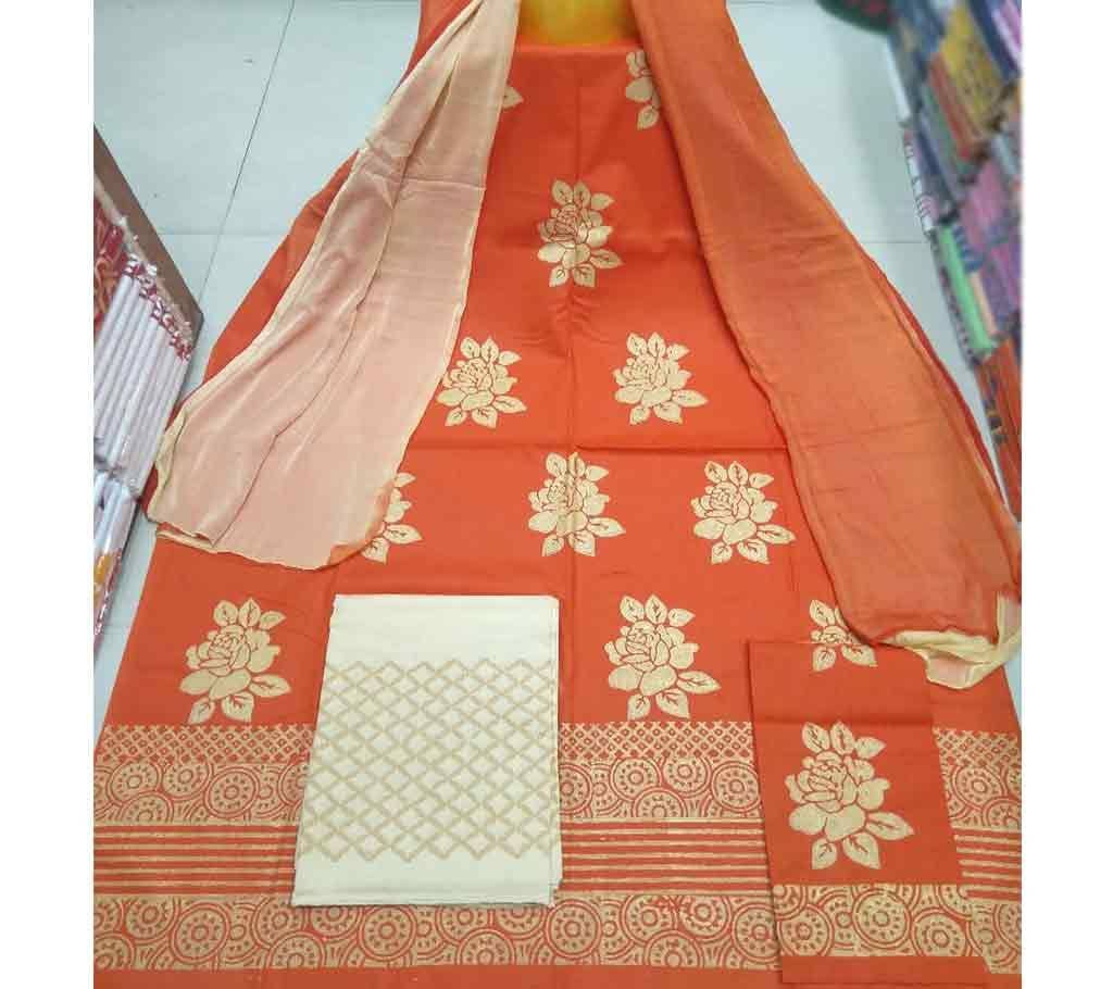 Block Printed Unstitched Cotton Three Piece - Orange 