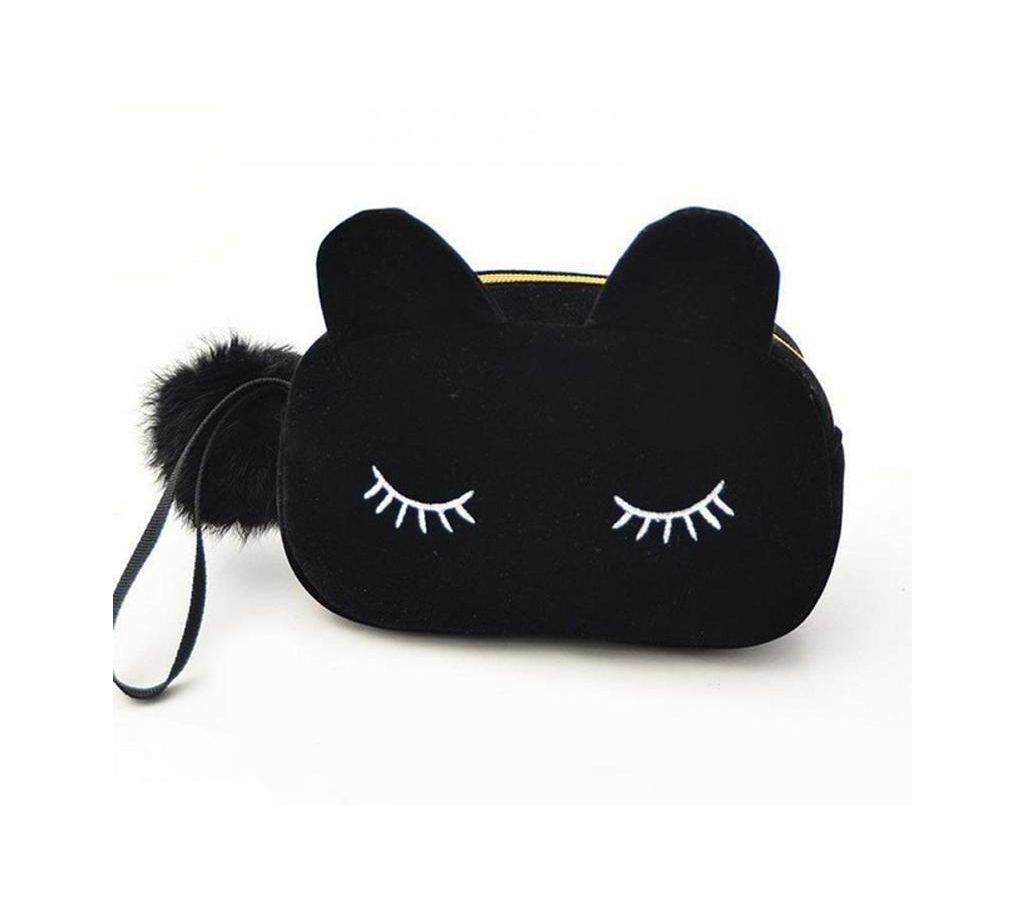 Black Travel Makeup Flannel Pouch Cosmetic Bag