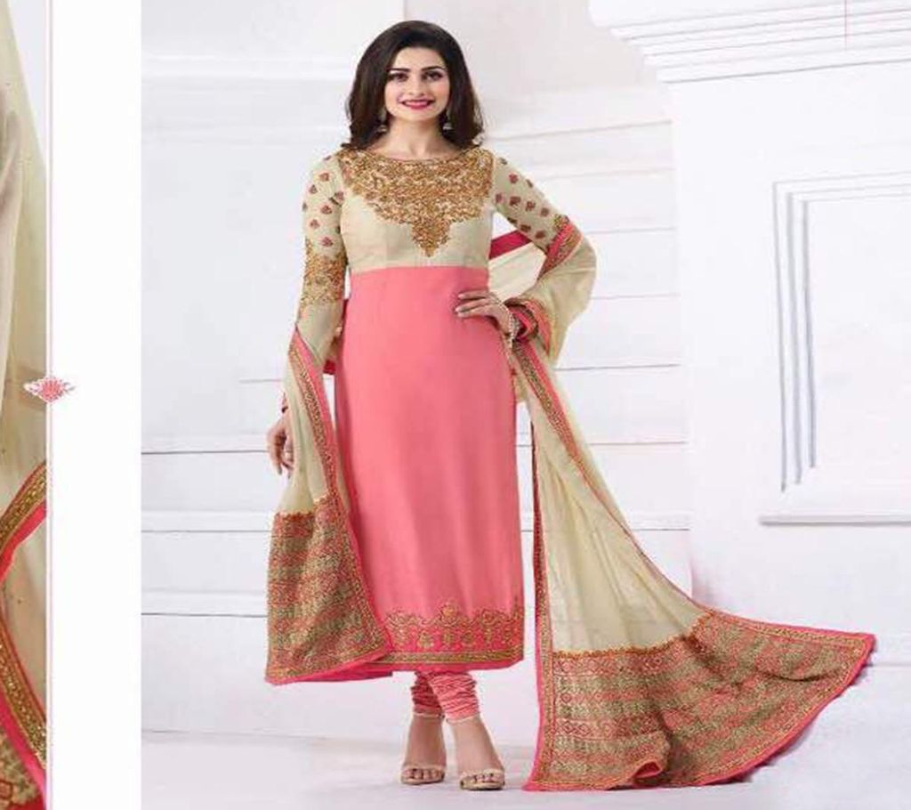 Unstitched Light Coral and Beige Georgette Embroidery Salwar Kameez for Women