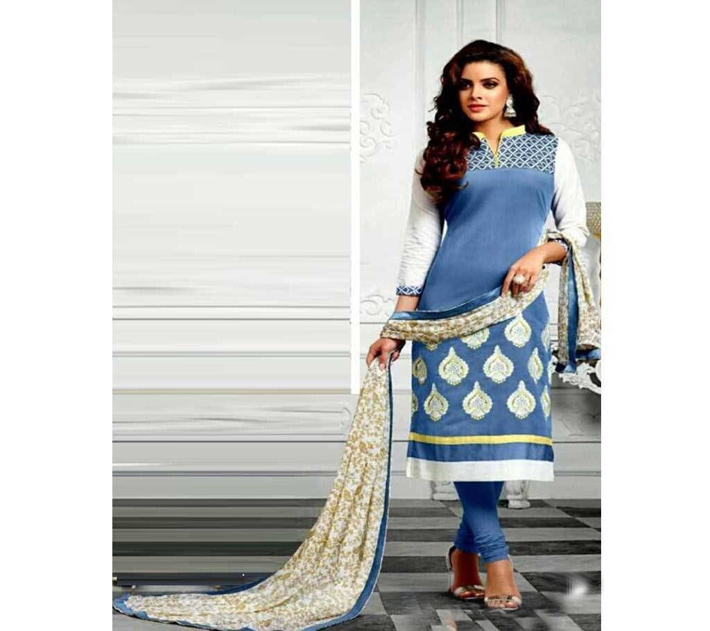 Unstitched Steel Blue and White Cotton Salwar Kameez for Women