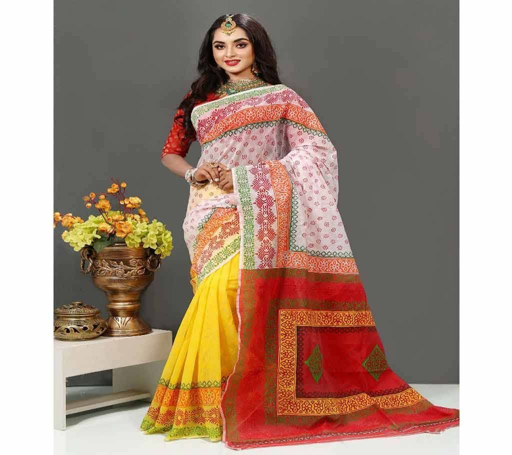 Pure Deshi Beautiful Sharee - 147 - Off White and Yellow and Red Orange Part with Full Body Design (SU601