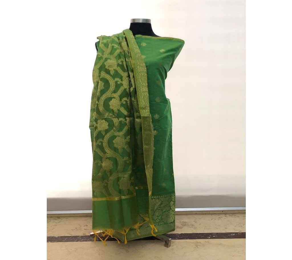 Unstitched Indian Benaroshi Katan 2 PC - Green With Leaf Design