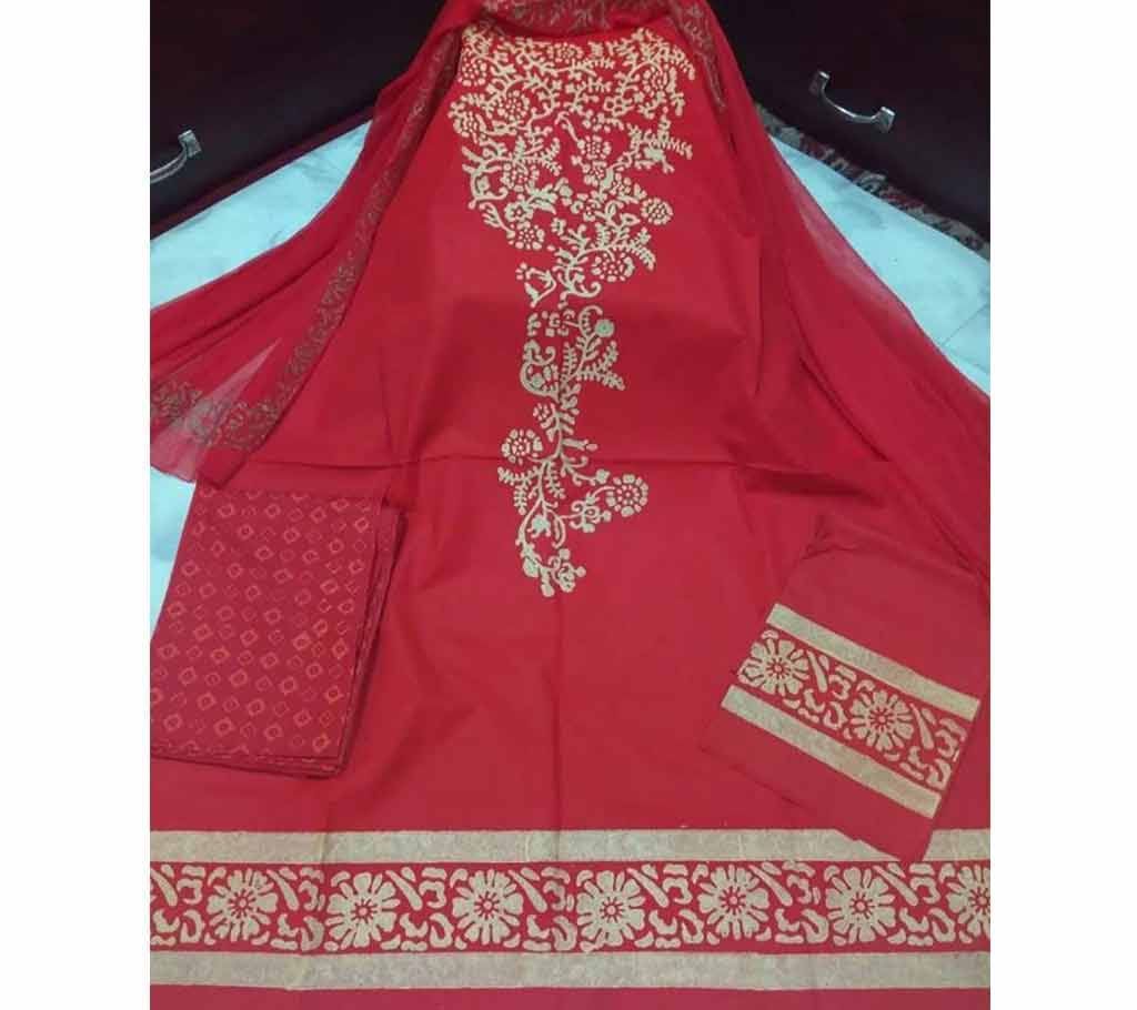 Unstitched Block Printed Cotton Thee-Piece