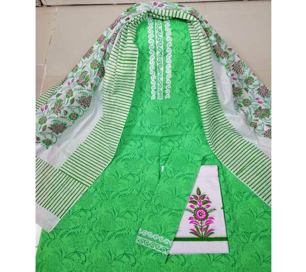 Unstitched Deshi Cotton 3Pcs with Cotton Orna - 13 - Forest Green with White Design in Chest