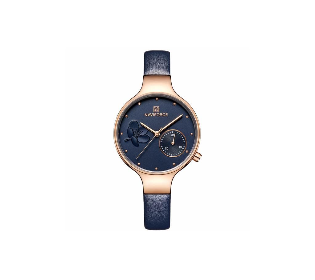 NAVIFORCE NF5001 Navy Blue PU Leather Sub-Dial Chronograph Watch For Women - Navy Blue & RoseGold