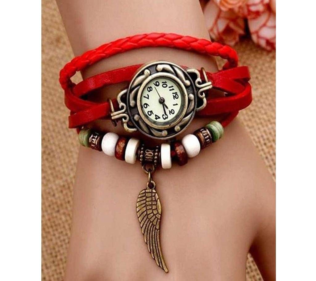 Lady Leather Bracelet And Leaf Pendant Watch  Red