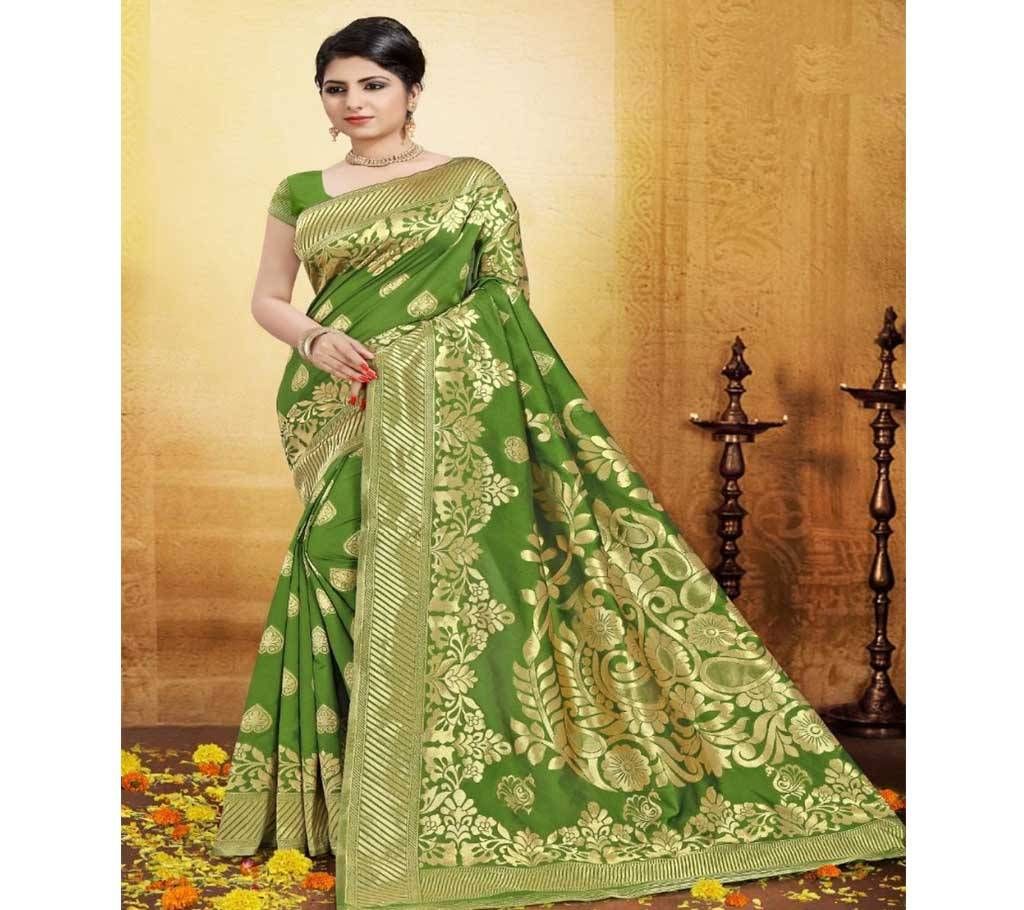 Lime green and Golden Embroidery Work Katan Saree For Women