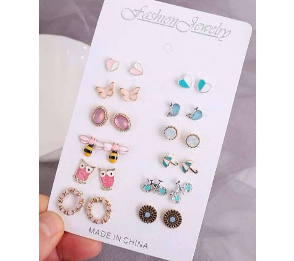 12 Pairs/Set Cute Colorful Crystal  Stud Earrings For Women